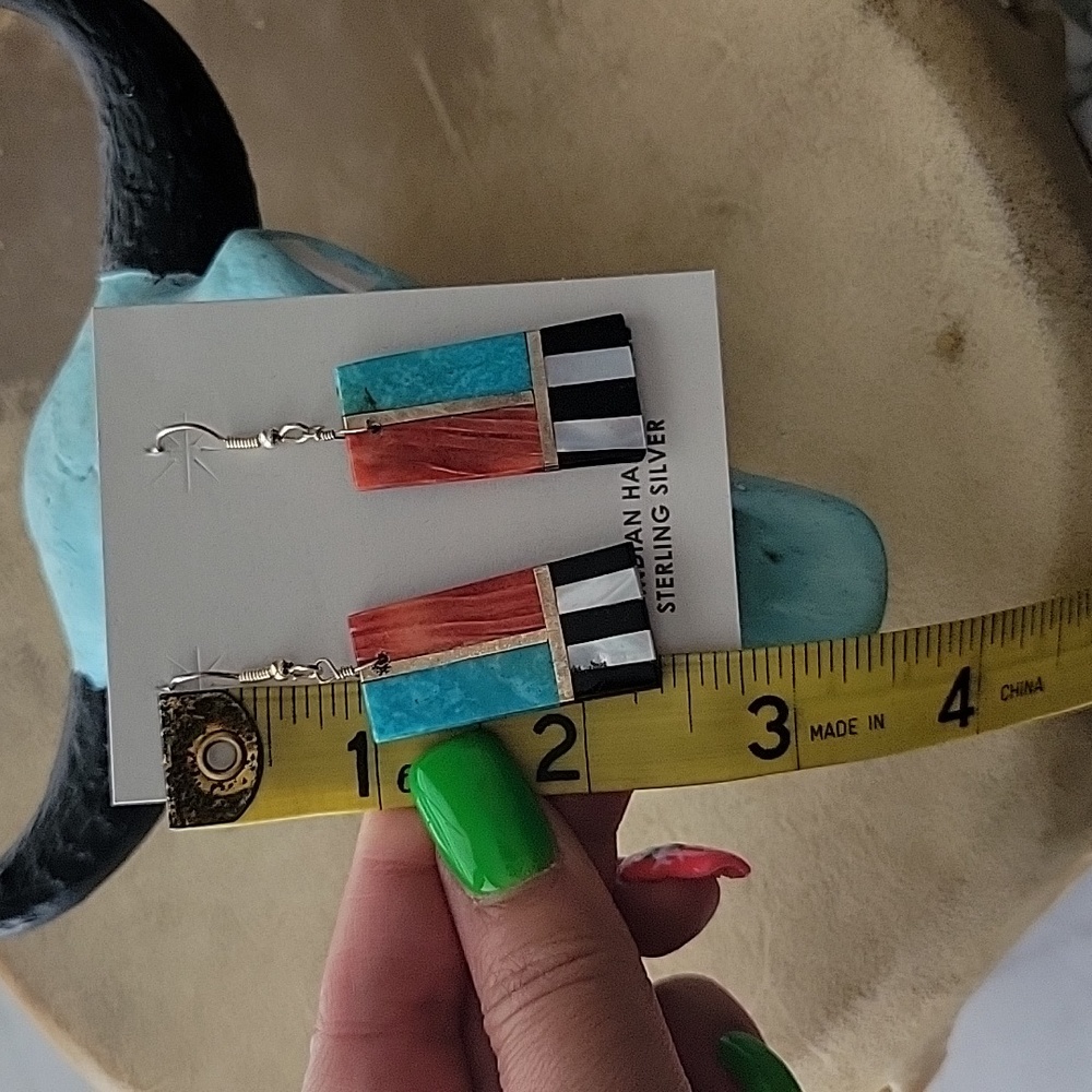 Santo Domingo Pueblo Turquoise Spiny Oyster Inlaid Dangle Earrings Southwestern - Picture 7 of 9